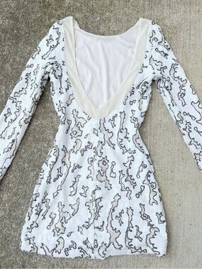 Zara White Sequin Open Back long Sleeve Bodycon Mini Dress Small